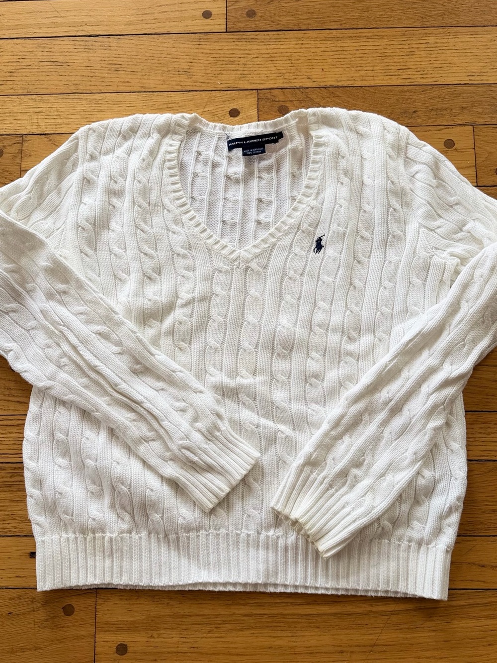 Ralph Lauren Polo SportWhite Cable-Knit V-Neck Sweater with Navy Pony